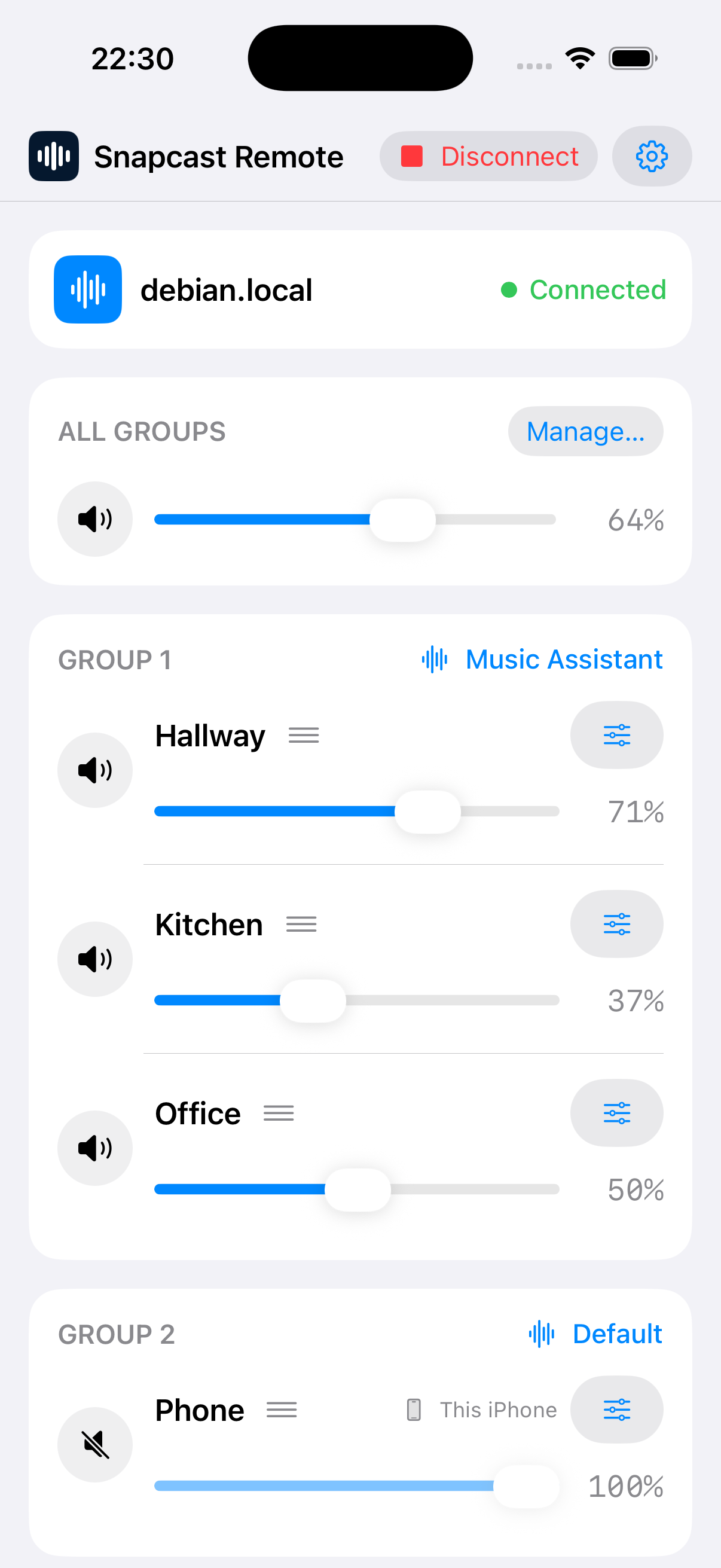 Snapcast Remote for iPhone showing server status, source selection, groups, clients, and room volume controls