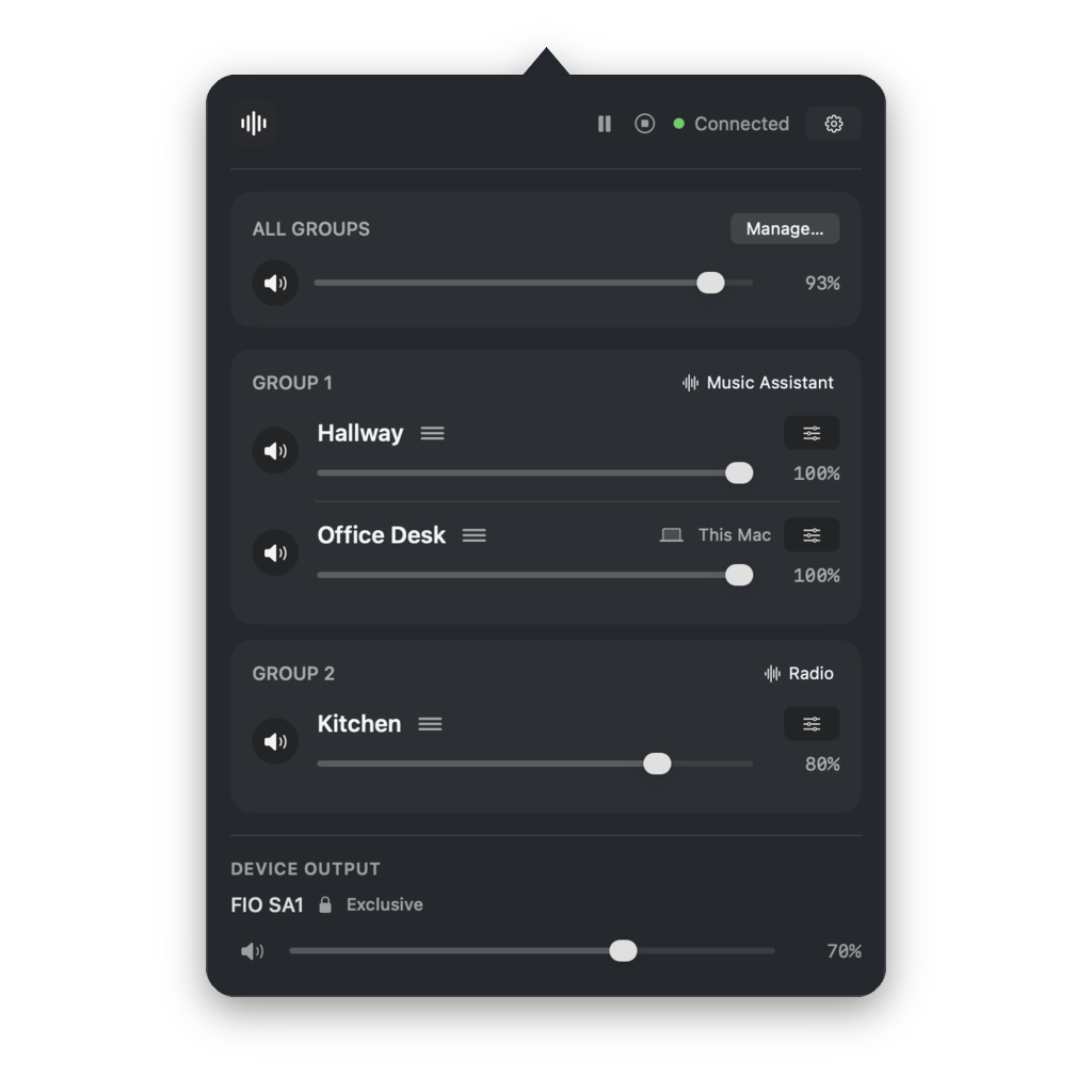 Snapcast Remote menu bar interface with connected server, room volume, and device output controls